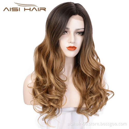 Ombre Brown Curly Wave Hot Selling Wholesale Cheap Vedor Swiss Lace Synthetic Hair For Black Women Lace Front Wig